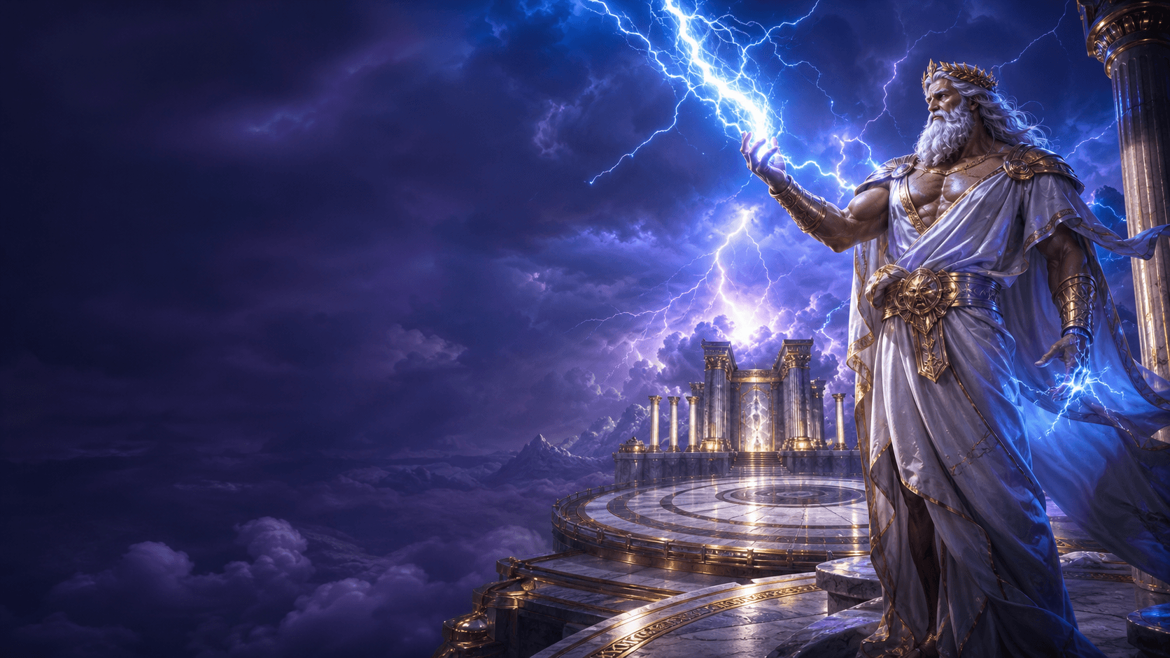 A cinematic storm above a marble Olympus temple with a mythic thunder god